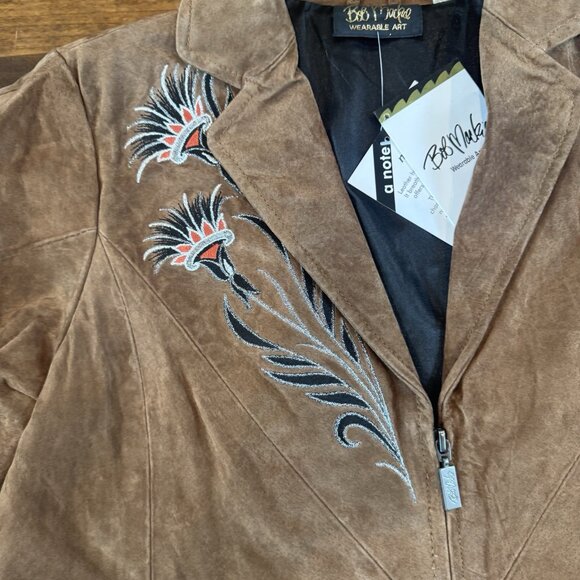 Vtg Bob Mackie Brown Leather Jacket Women's M Embroidered Western Bikercore NWT - Picture 3 of 11